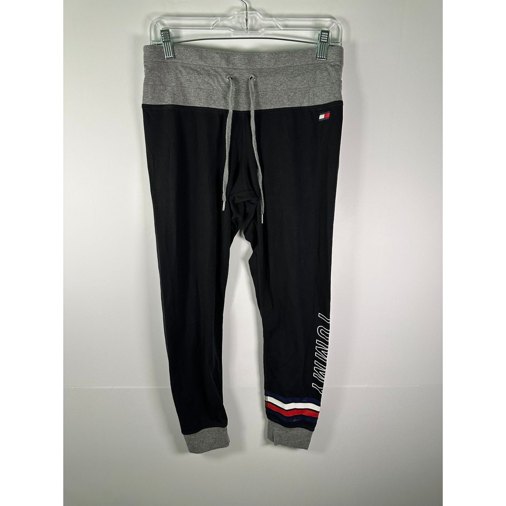 Tommy Hilfiger Joggers Womens M Cotton Stretch Drawstring Logo Black Striped